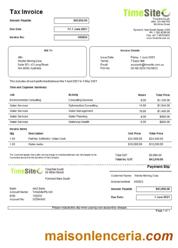 Australia TimeSite łatwa w użyciu aplikacja tekst faktury i szablon PDF